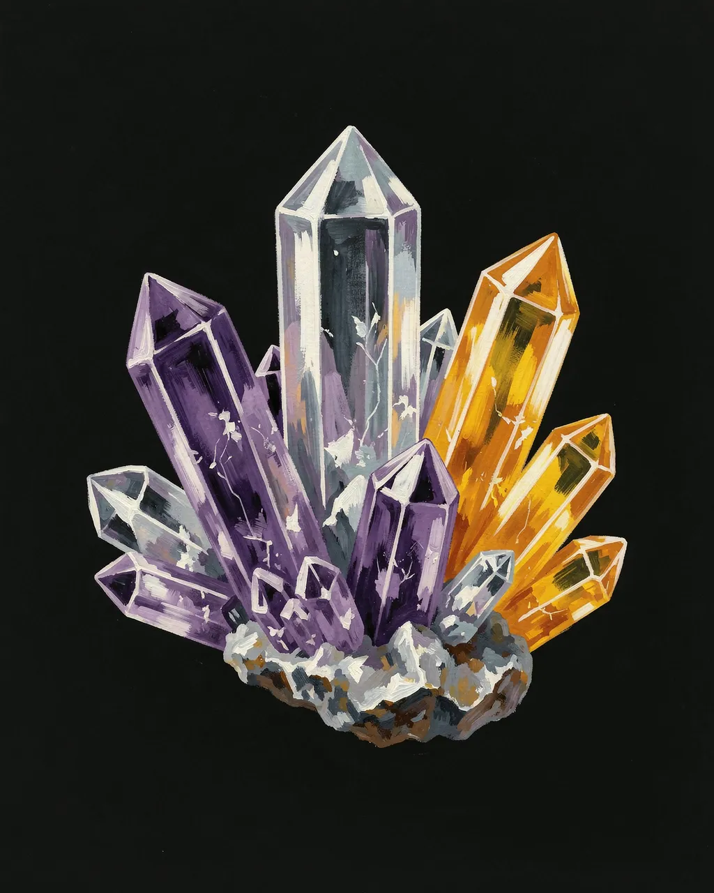 Gouache illustration of a mixed quartz, amethyst, and citrine crystal cluster set against a solid black background