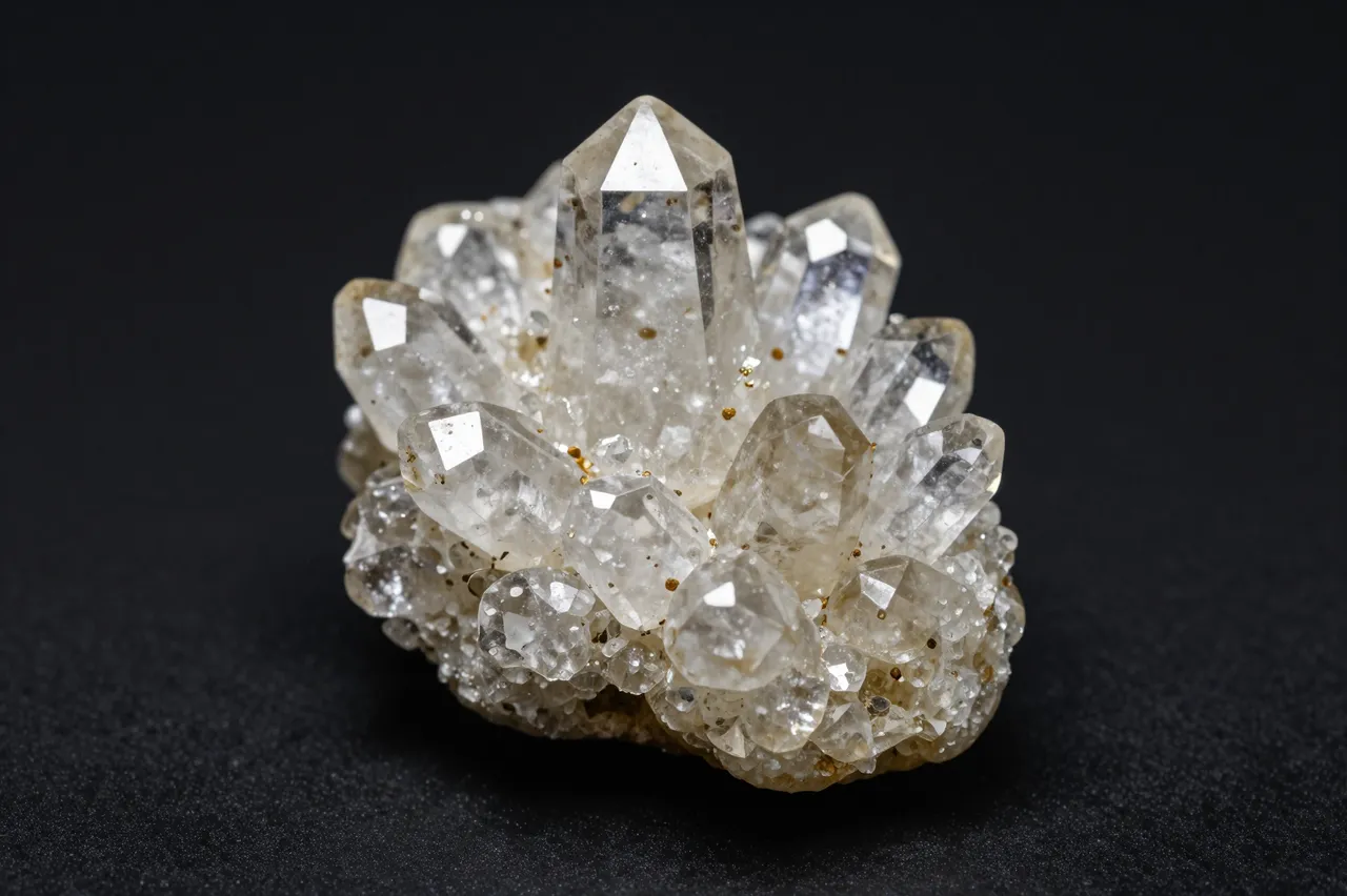 A clear quartz crystal cluster with faint mineral inclusions rests on a solid black textured backdrop.