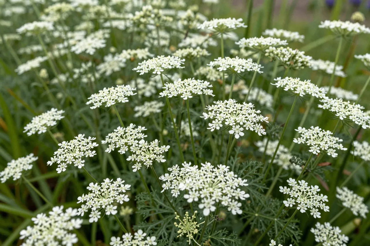 Close-up of delicate white queen anne's lace flower clusters growing among green foliage along a meadow edge