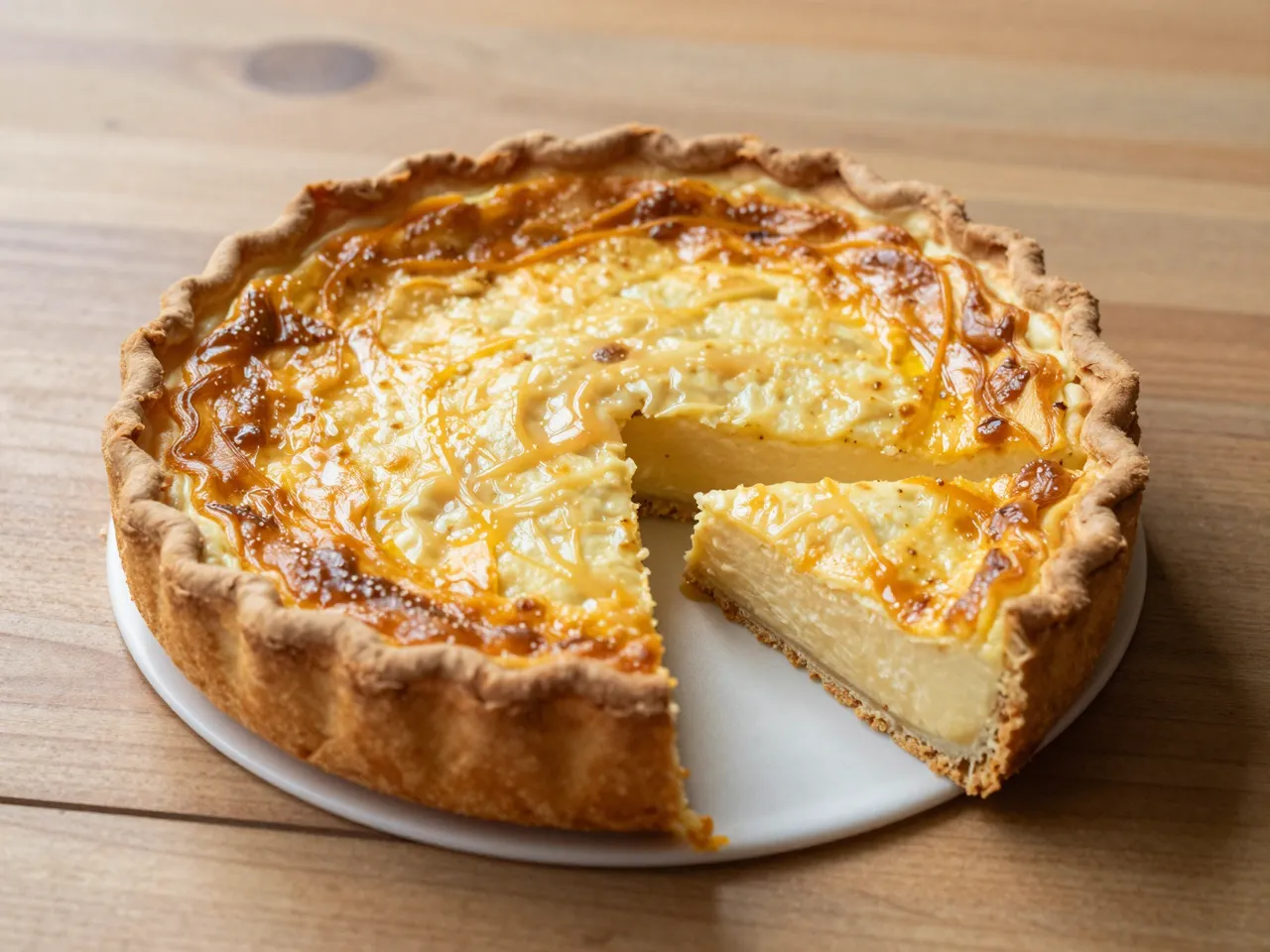 Whole quiche lorraine with one cut slice resting next to it on a white plate atop a wooden table