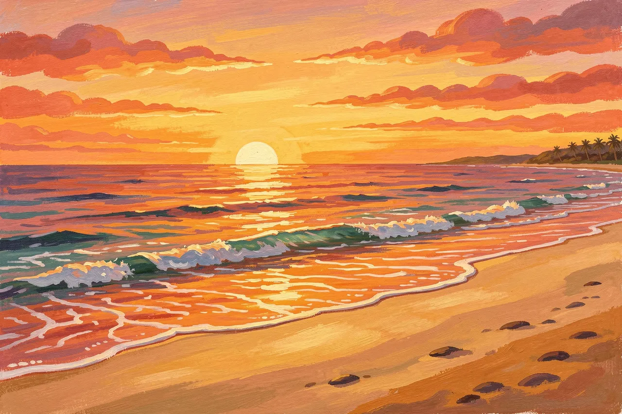 Warm hued gouache illustration of a calm beach at sunset with gentle rolling waves lapping at the shore