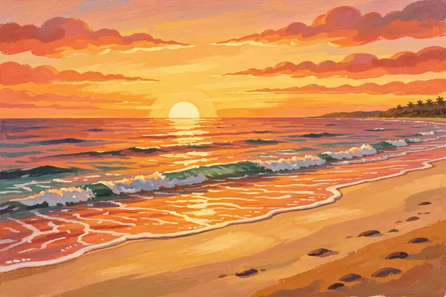 Warm hued gouache illustration of a calm beach at sunset with gentle rolling waves lapping at the shore