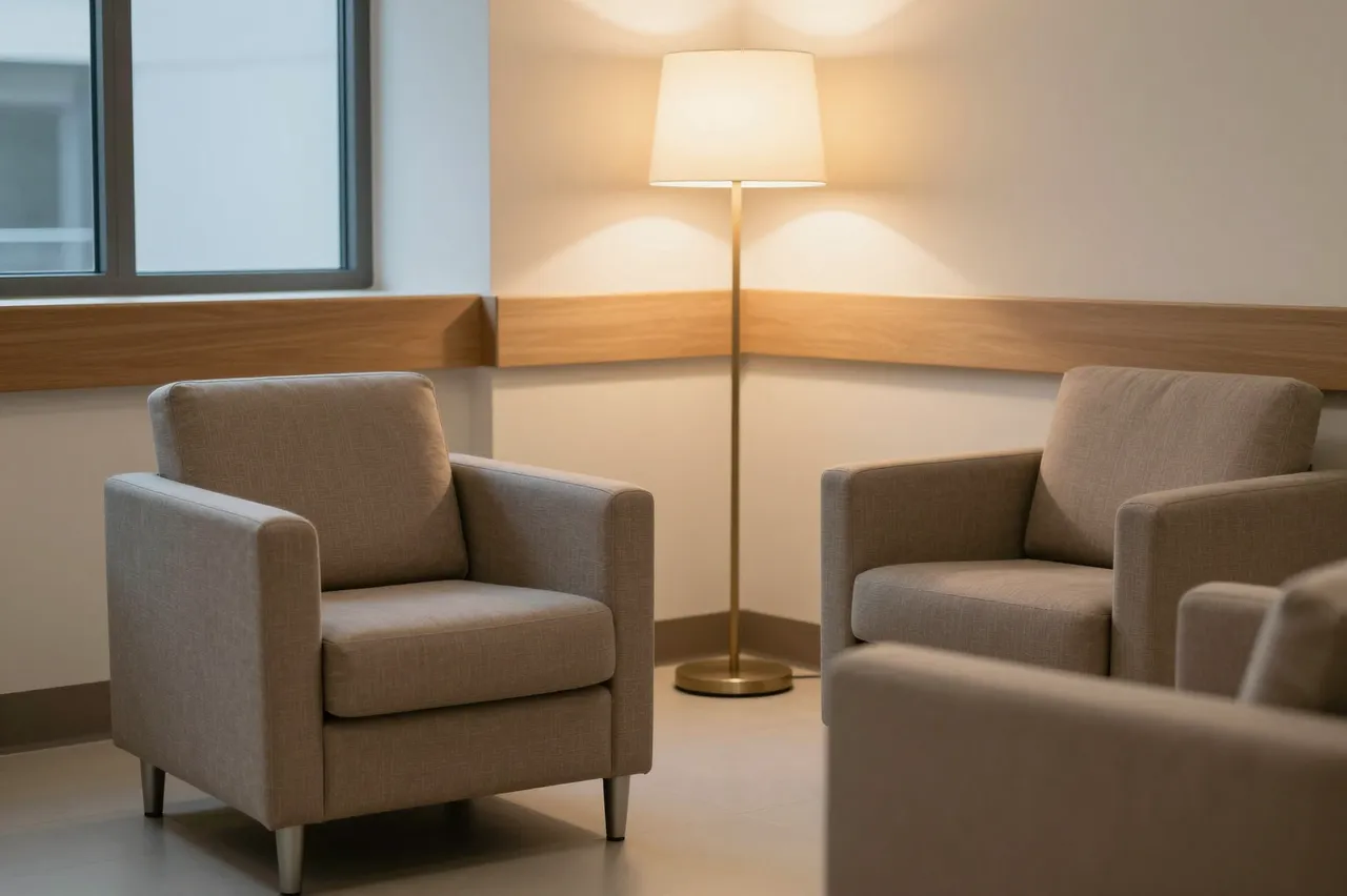 Empty hospital family lounge with beige armchairs and a glowing warm floor lamp in the corner