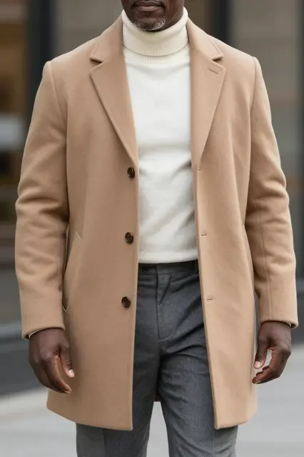 Cropped shot of a senior Black man wearing a tan overcoat, cream turtleneck and gray trousers outdoors
