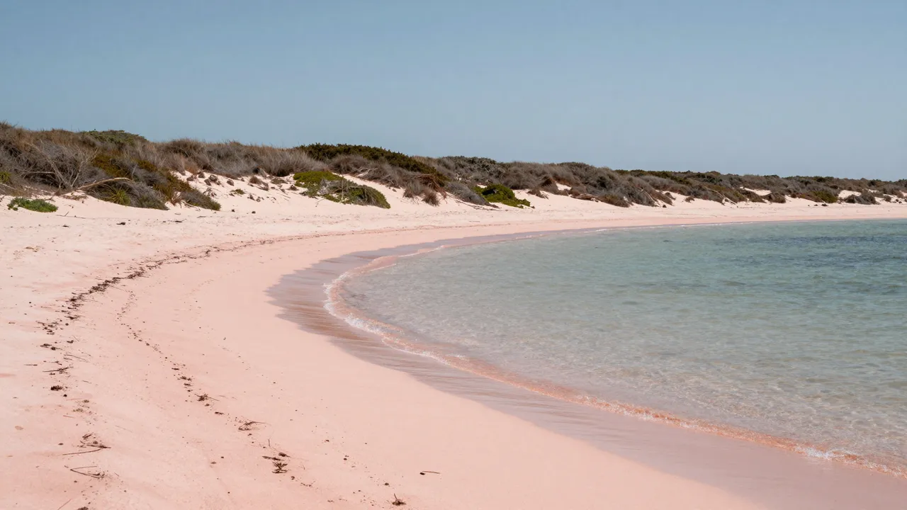 A calm curved cove of pale pink sand sits beside clear shallow turquoise water under hazy skies, backed by scrubby sand