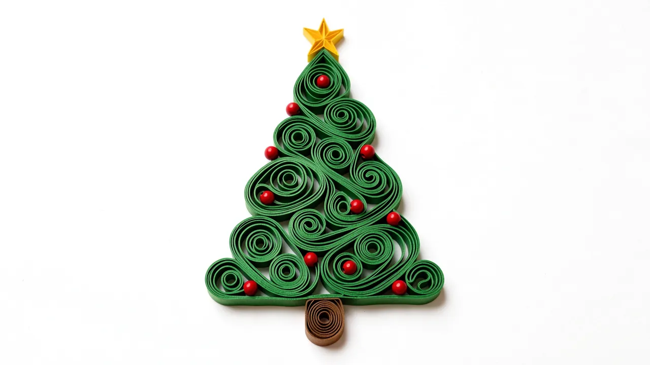 Quilled green paper Christmas tree with red bead ornaments and yellow star on a plain white background