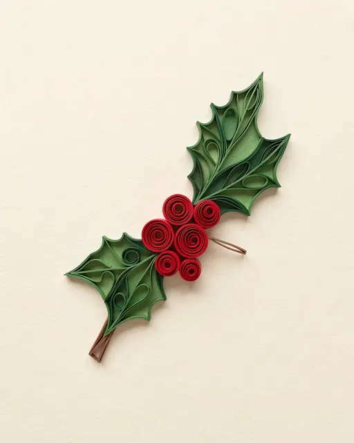 Paper quilling holly sprig with green leaves and red curled berry coils on cream background