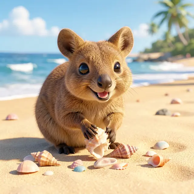 A smiling 3D rendered quokka holds a seashell surrounded by more shells on a sunny sandy beach.