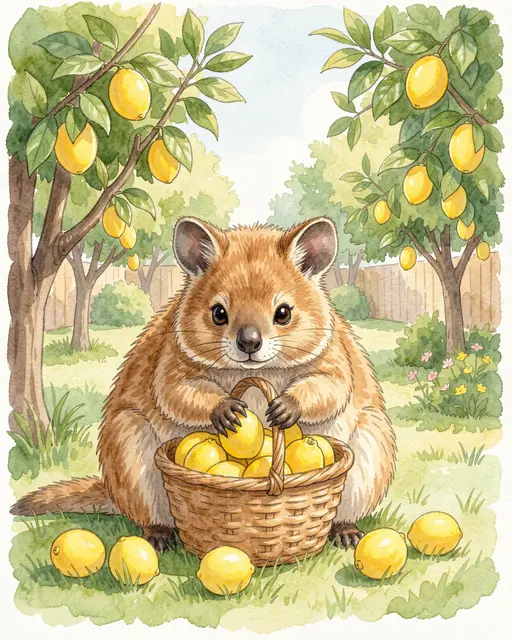 A cute watercolor quokka holds a wicker basket full of lemons in a sunny backyard lemon grove
