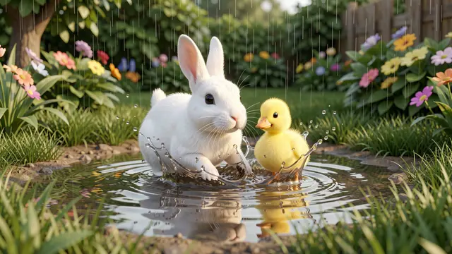 A fluffy white rabbit and yellow duckling splash together in a garden puddle during gentle rain.