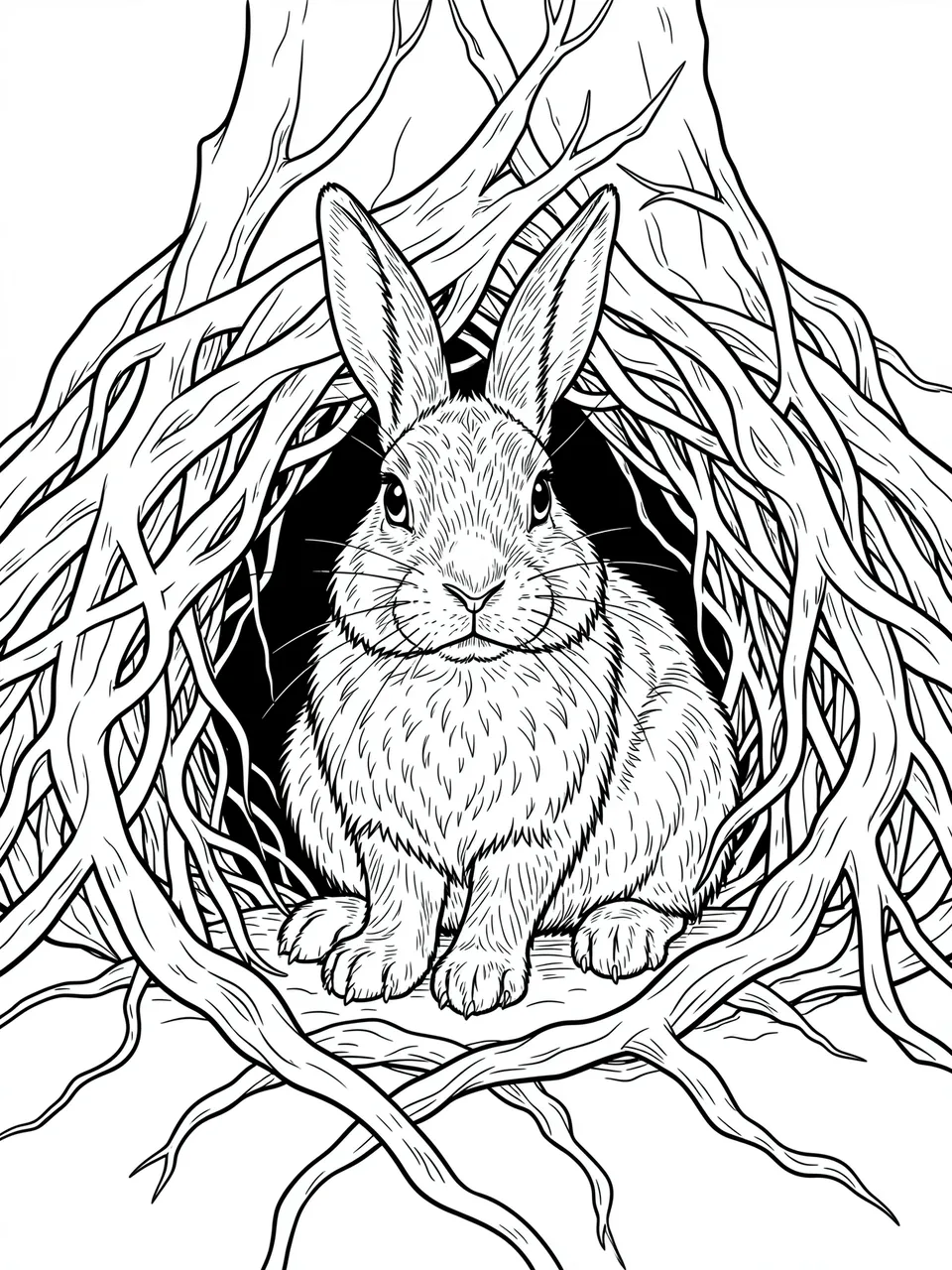 Intricate black and white line art of a rabbit sitting at a burrow framed by tangled tree roots, on a plain white background