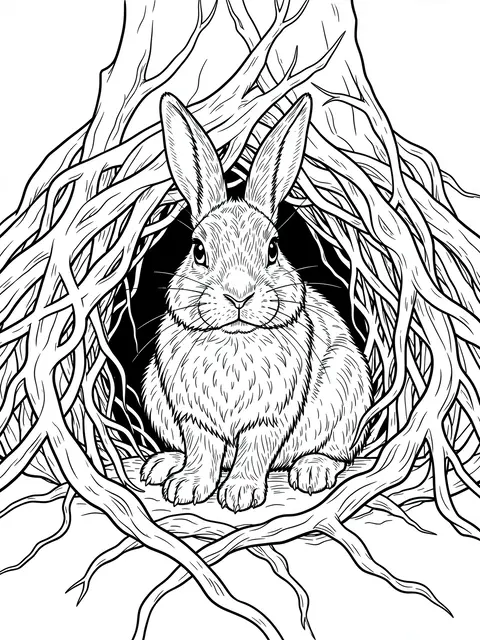 Intricate black and white line art of a rabbit sitting at a burrow framed by tangled tree roots, on a plain white background