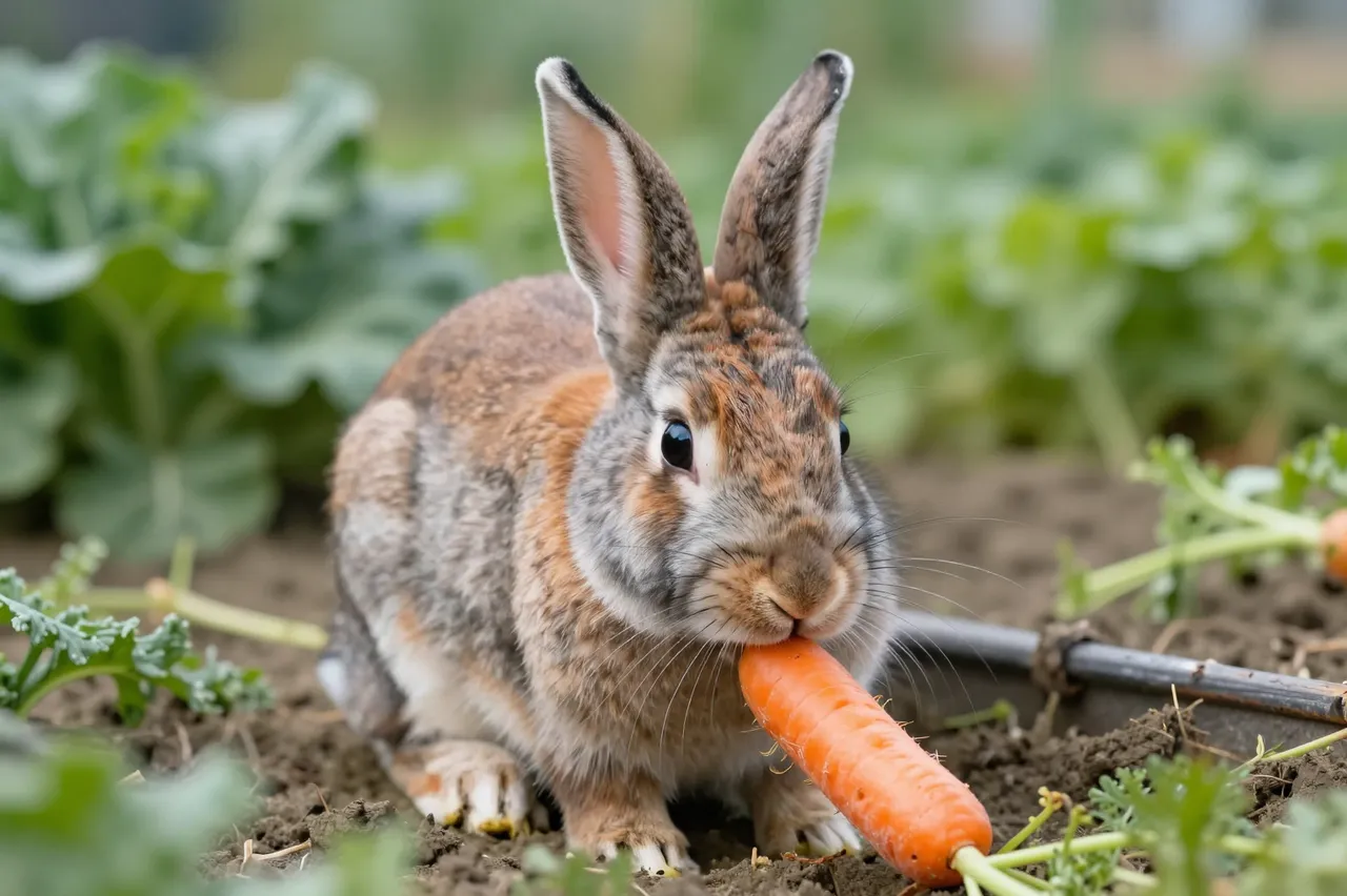 A brown and gray domestic rabbit sits on garden soil biting into a fresh whole carrot