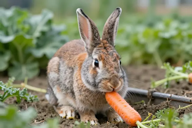 A brown and gray domestic rabbit sits on garden soil biting into a fresh whole carrot