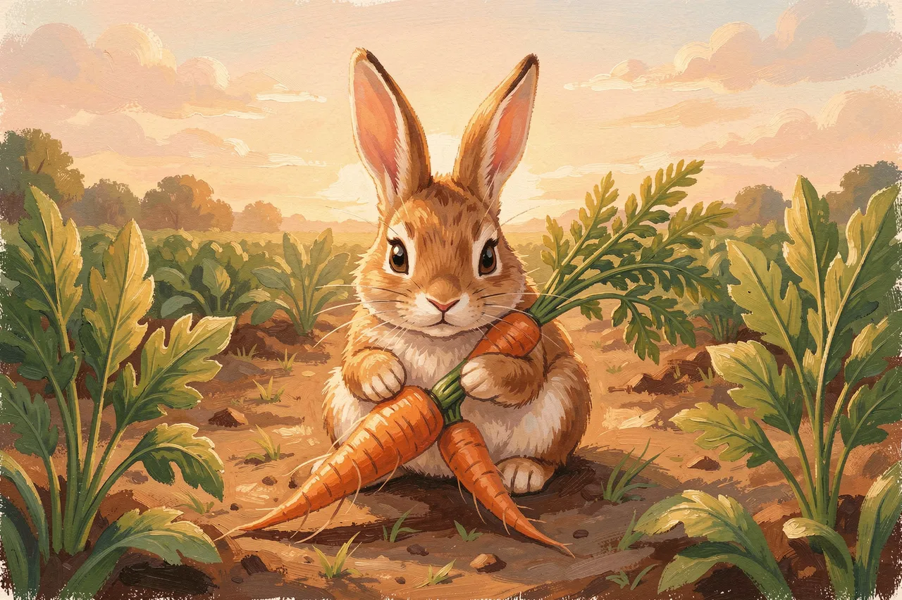 Cute gouache illustrated rabbit holding freshly pulled carrots in a sunlit vegetable patch at golden hour