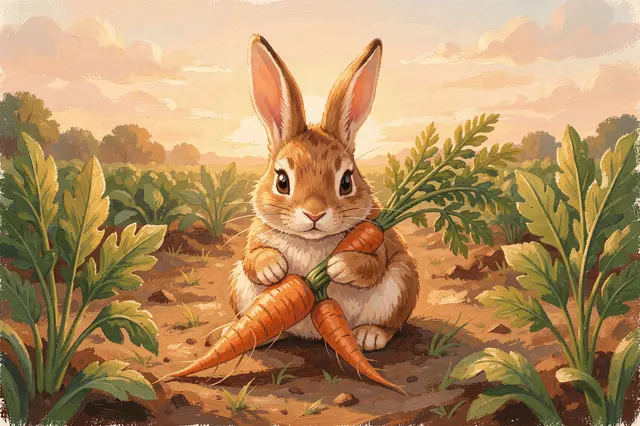 Cute gouache illustrated rabbit holding freshly pulled carrots in a sunlit vegetable patch at golden hour