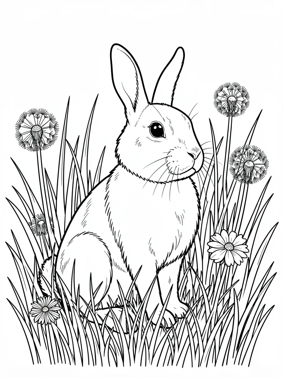 Black and white line art of a sitting rabbit surrounded by tall grass and dandelions on a plain white background