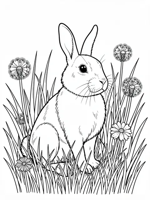 Black and white line art of a sitting rabbit surrounded by tall grass and dandelions on a plain white background