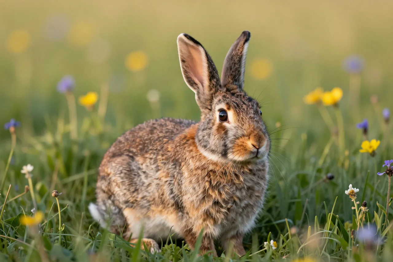 A brown cottontail rabbit with upright ears sits alert in a sunlit wildflower meadow.