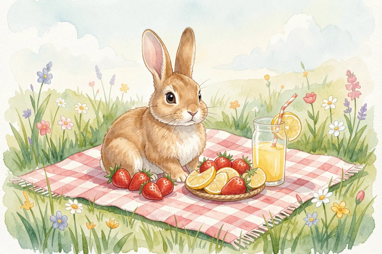 A fluffy brown rabbit sits on a checkered picnic blanket with strawberries, lemon slices and lemonade in a flowered spring