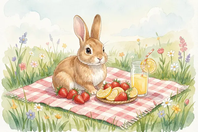 A fluffy brown rabbit sits on a checkered picnic blanket with strawberries, lemon slices and lemonade in a flowered spring