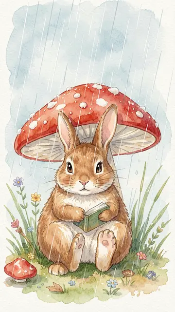 A cute brown rabbit sits reading a small book beneath a spotted red mushroom during light spring rain
