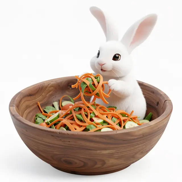 A chubby fluffy white rabbit inside a large wooden bowl holds a bundle of curly carrot ribbon salad above fresh greens