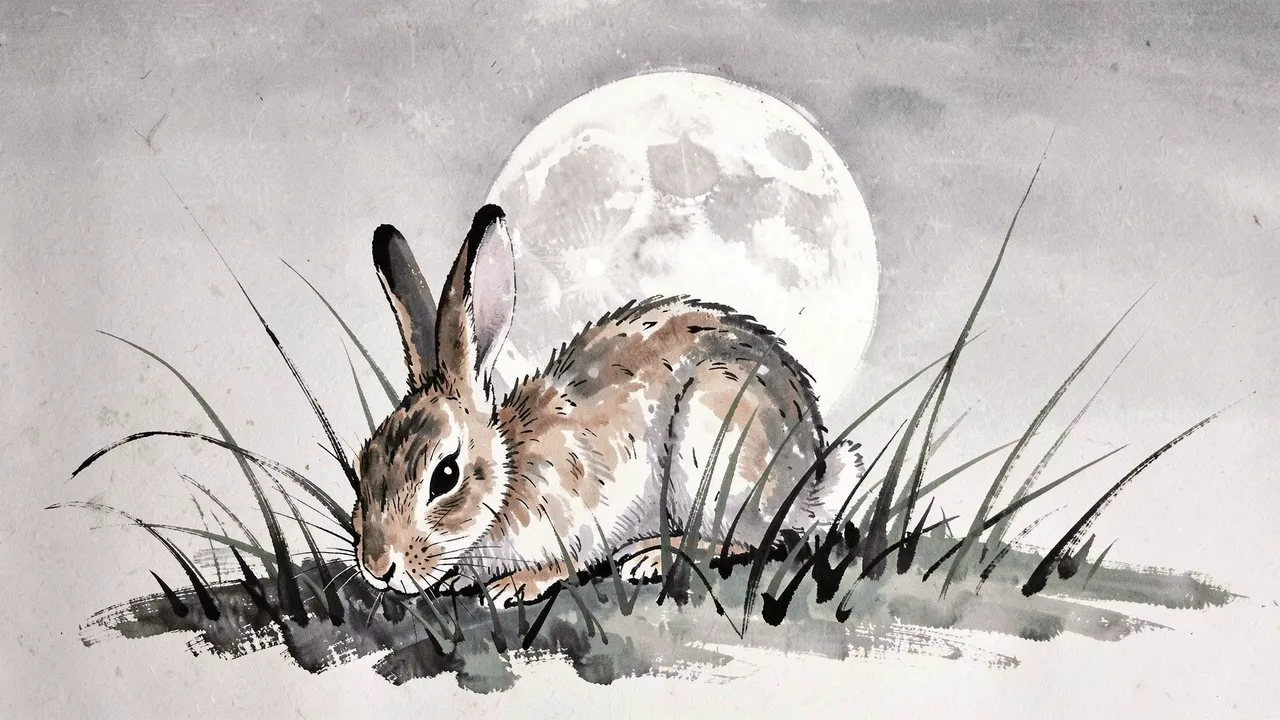 An ink wash painting of a rabbit nibbling grass with a large full moon behind it