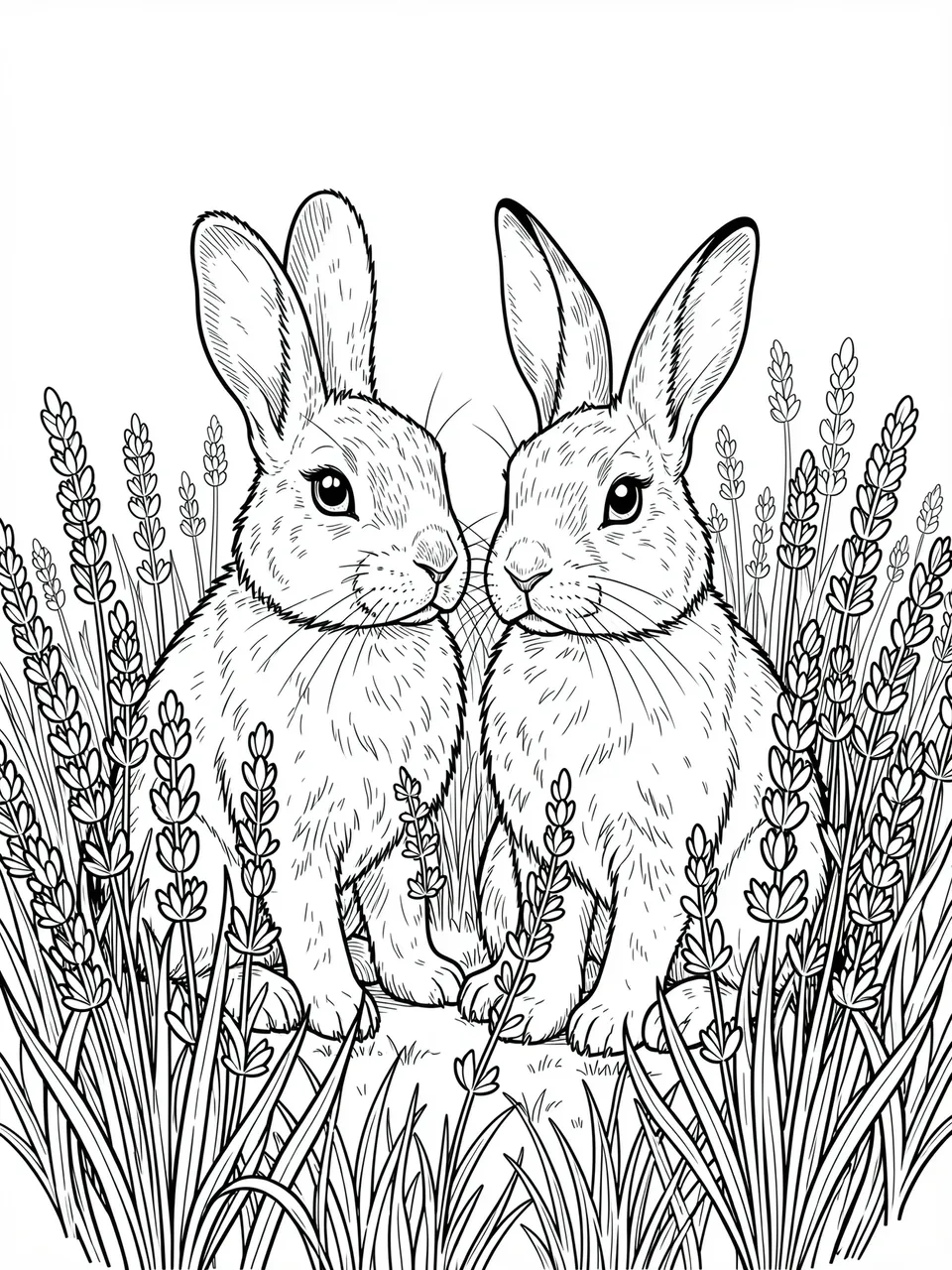 Black and white line art coloring page of two detailed rabbits sitting side by side among lavender stalks on a plain white