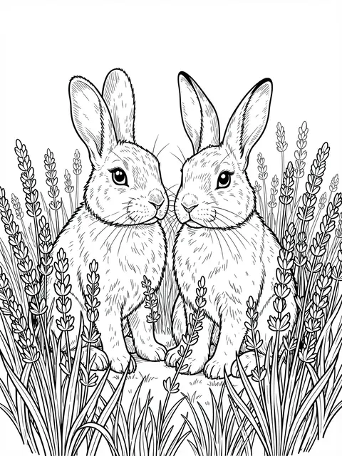 Black and white line art coloring page of two detailed rabbits sitting side by side among lavender stalks on a plain white