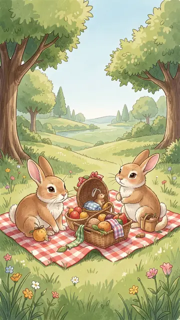 Two rabbits sit on a checkered picnic blanket with baskets of fruit in a sunny rolling countryside meadow.