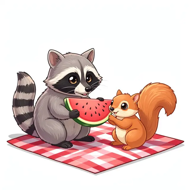 A cartoon raccoon and squirrel sit on a checkered picnic blanket sharing a watermelon slice.
