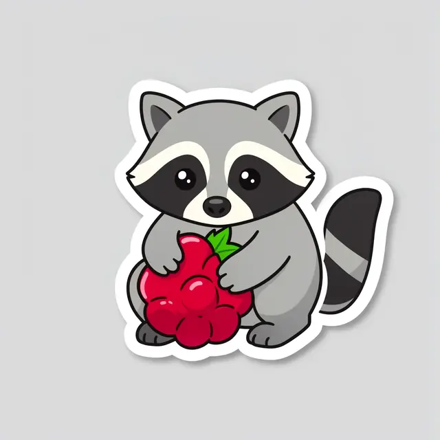 A cute die-cut sticker of a raccoon holding a red raspberry on a light gray background