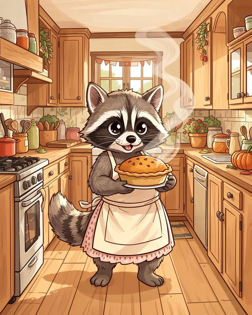 Cute illustrated raccoon in an apron holds a steaming pumpkin pie in a cozy farmhouse kitchen
