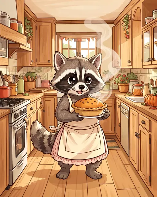 Cute illustrated raccoon in an apron holds a steaming pumpkin pie in a cozy farmhouse kitchen