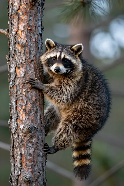 A raccoon with a black eye mask and ringed tail clings head-first down a pine tree trunk in soft early morning light