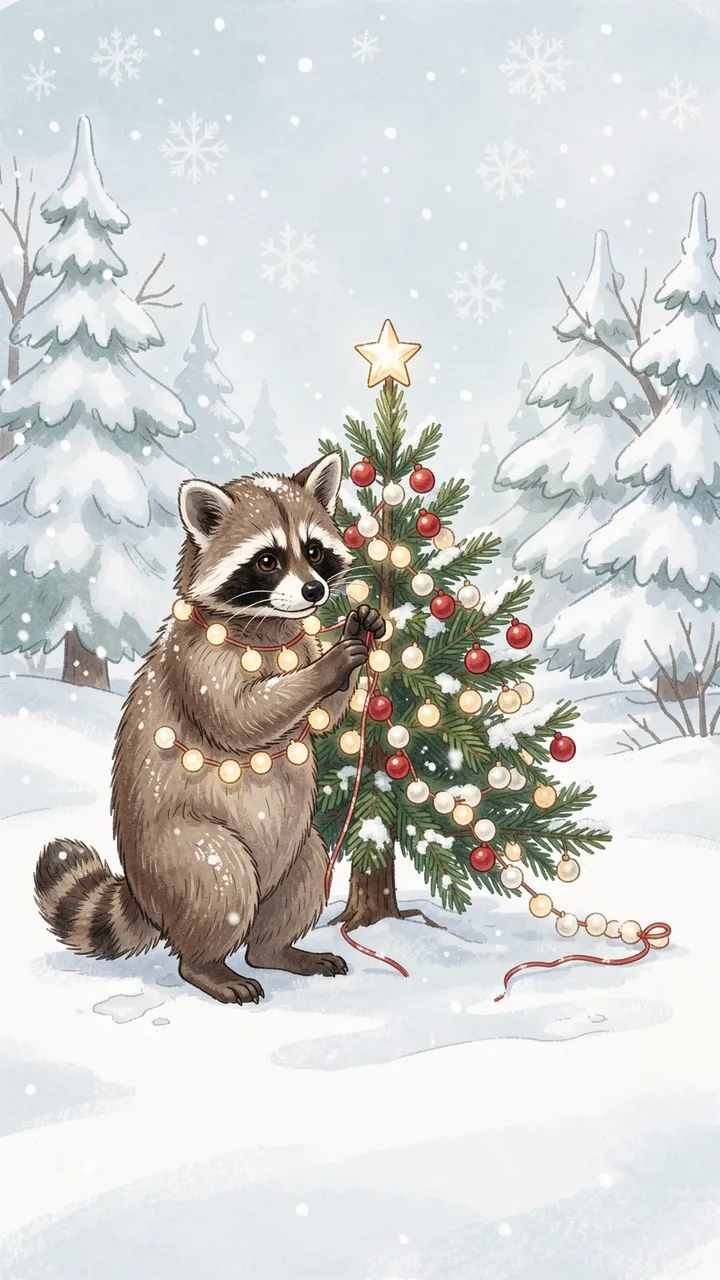 A cute illustrated raccoon hangs garland on a small snow-dusted Christmas tree in a snowy winter clearing