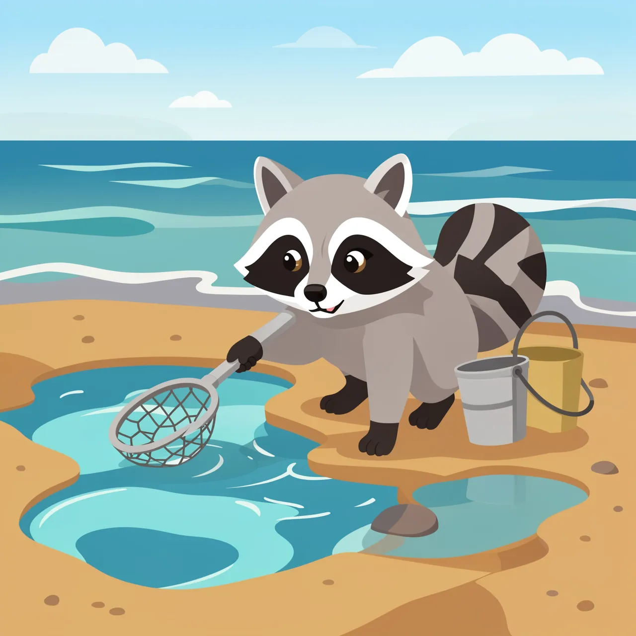 Cute cartoon raccoon holds a net beside tide pools on a sandy seaside beach with pails.