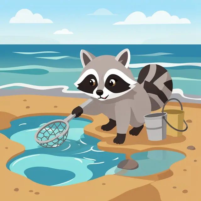 Cute cartoon raccoon holds a net beside tide pools on a sandy seaside beach with pails.