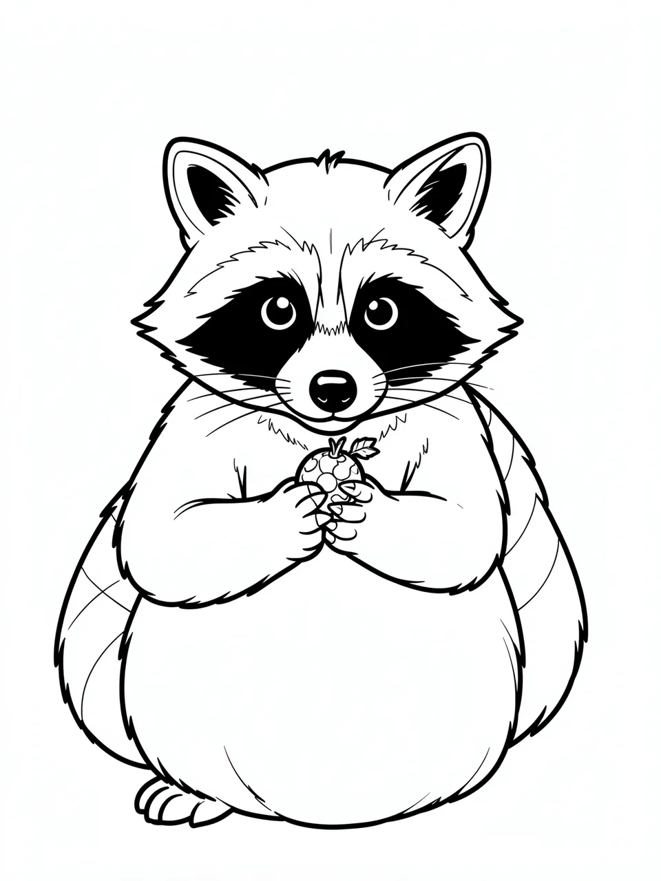 Bold black line art of a raccoon holding a small berry against a plain white background for a coloring page.