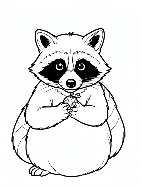Bold black line art of a raccoon holding a small berry against a plain white background for a coloring page.