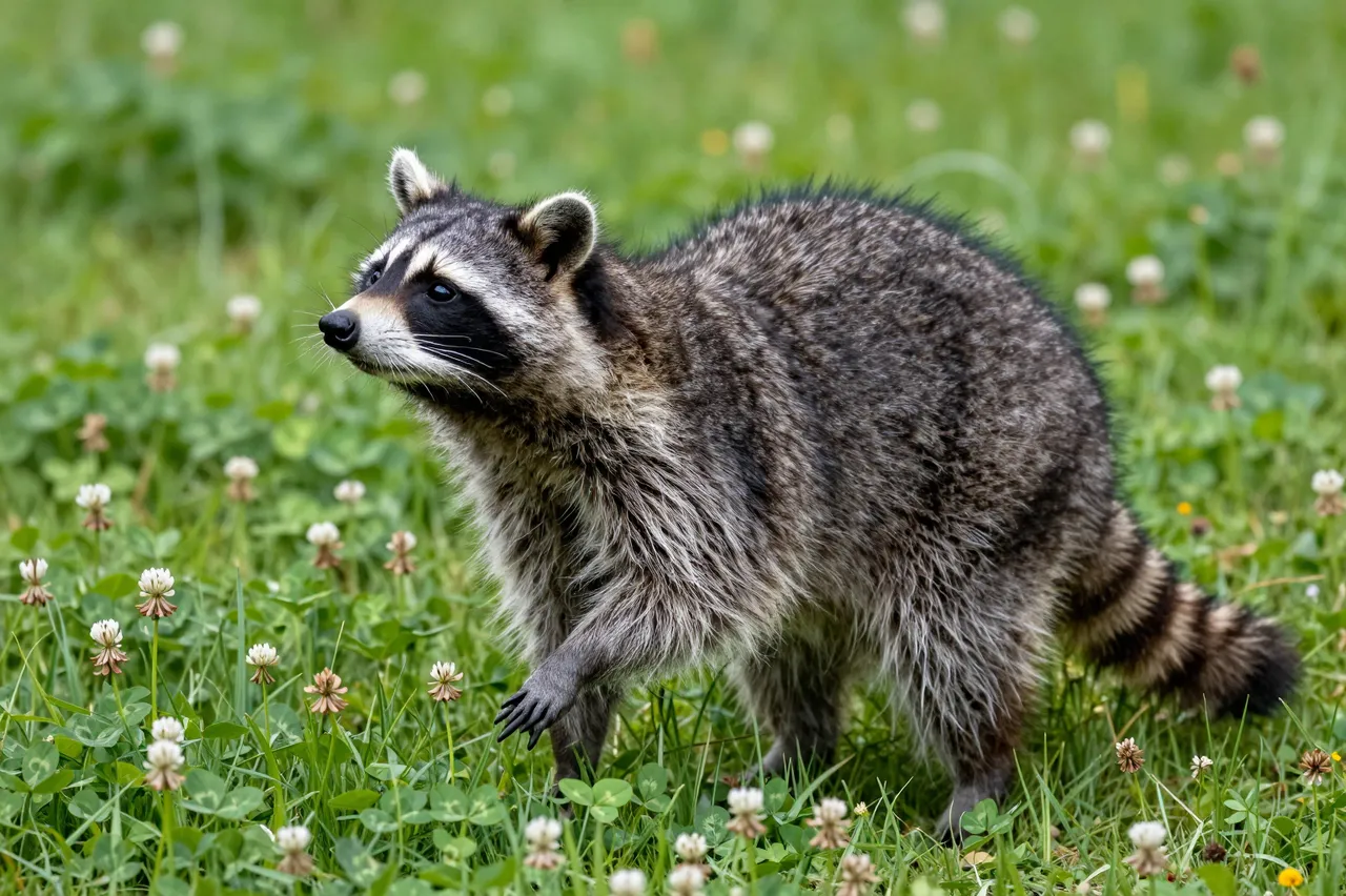 A grizzled gray raccoon stands alert in a lush clover and grass meadow dotted with white clover flowers.