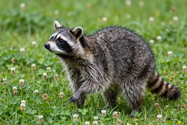 A grizzled gray raccoon stands alert in a lush clover and grass meadow dotted with white clover flowers.