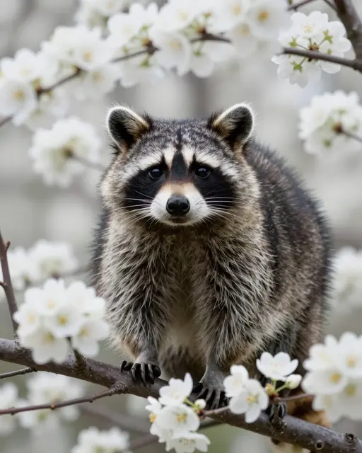 A masked raccoon perched on a tree branch surrounded by white spring blossoms, looking toward the viewer