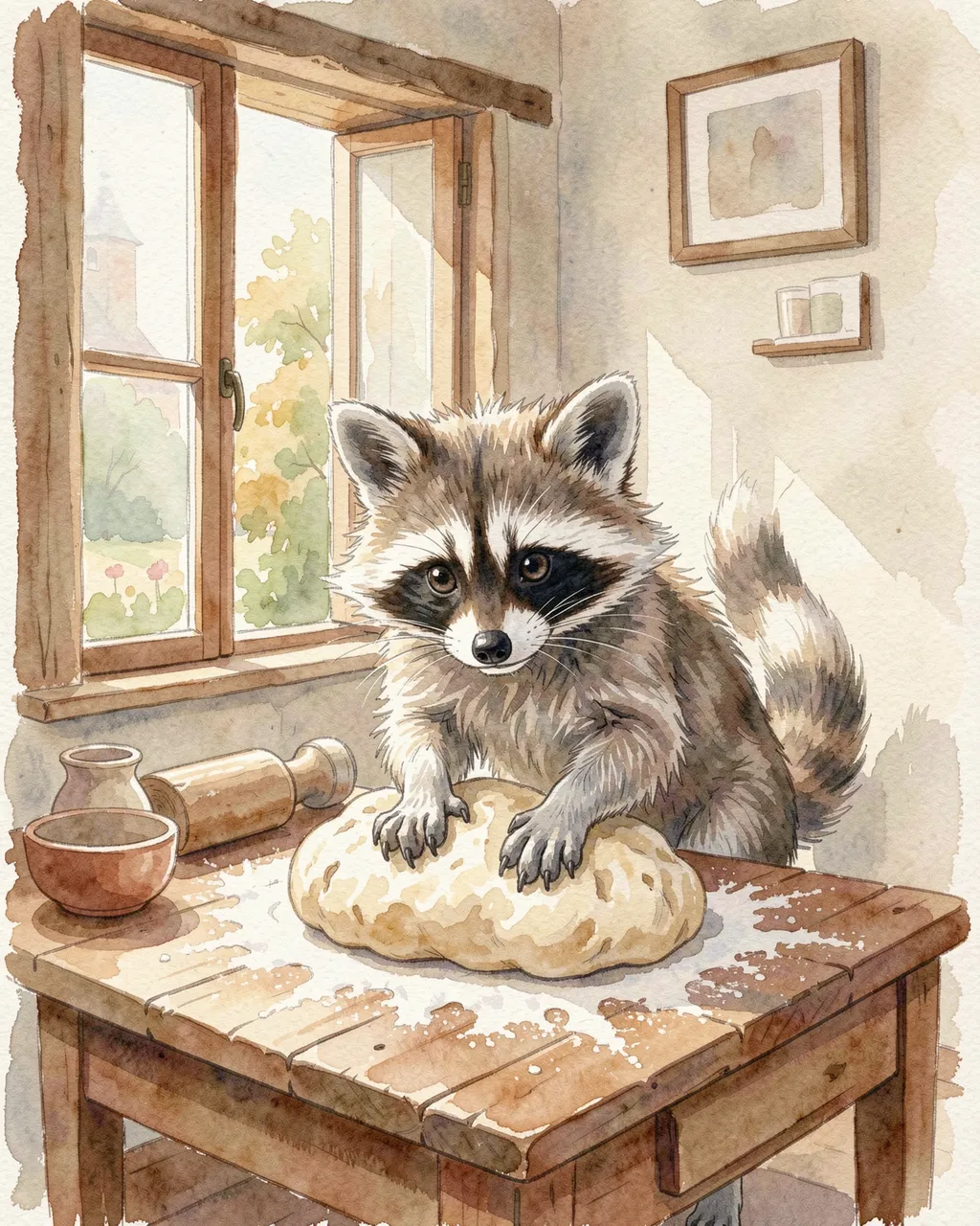 A cute raccoon kneads bread dough on a floury farmhouse table by an open window in a cozy watercolor scene