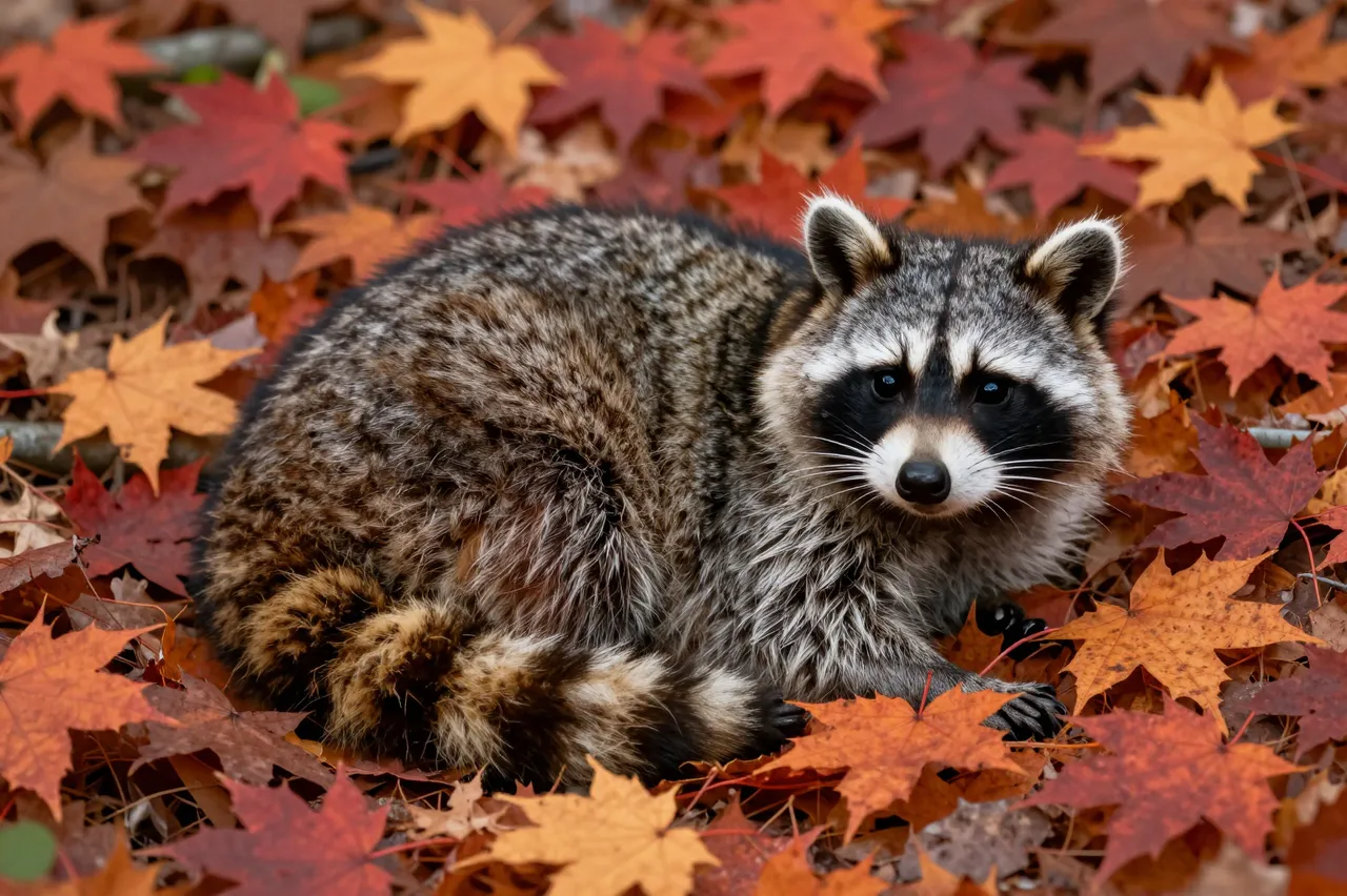 A raccoon rests curled among vibrant red and orange maple leaves on an autumn forest floor.