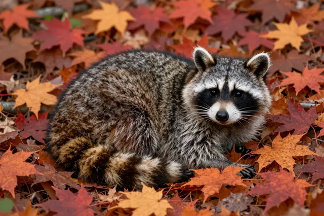 A raccoon rests curled among vibrant red and orange maple leaves on an autumn forest floor.