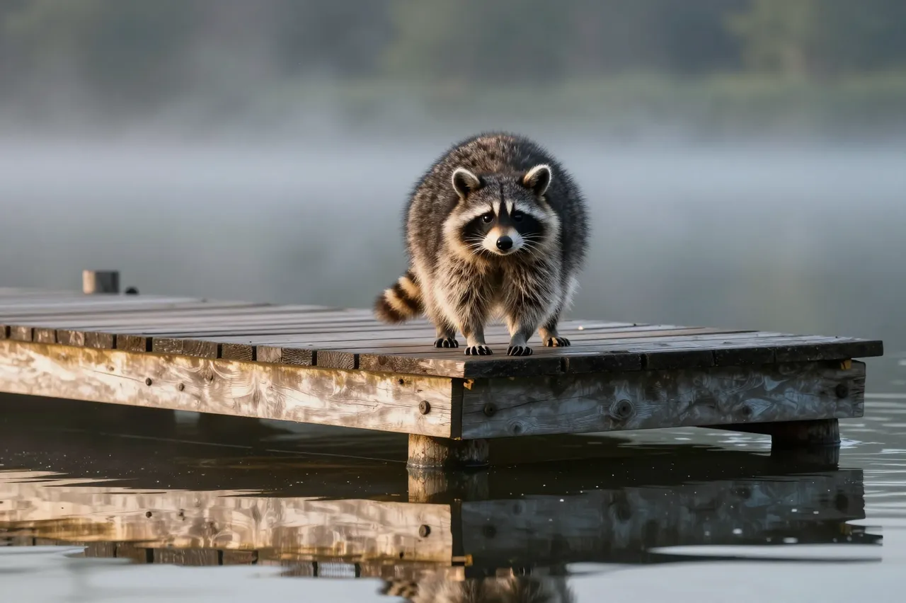 A raccoon stands on an old wooden dock above still misty lake water at dawn