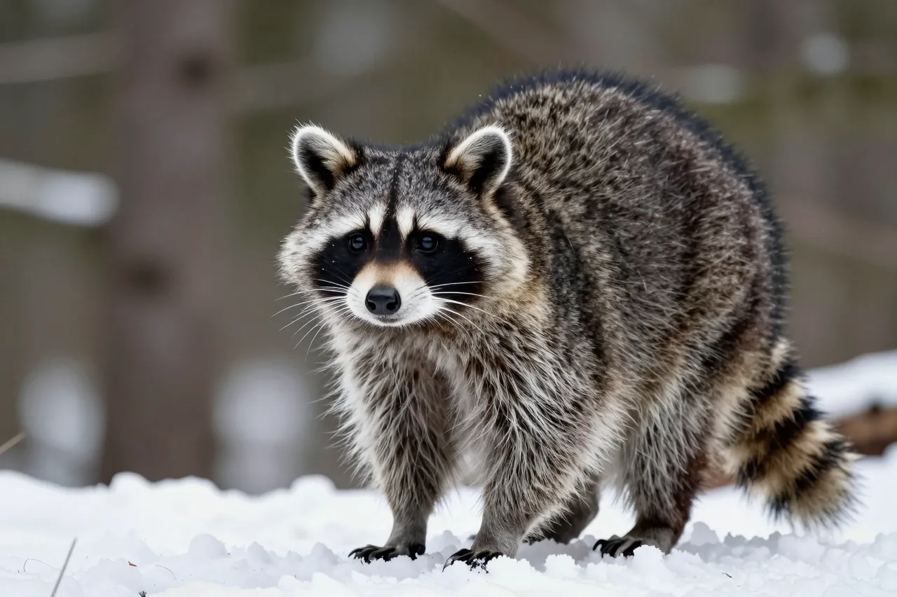 A raccoon with snow-dusted fur stands on white snow at the edge of a winter forest.