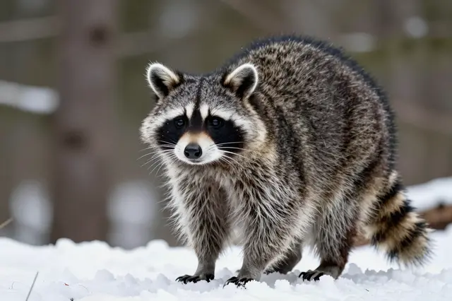 A raccoon with snow-dusted fur stands on white snow at the edge of a winter forest.